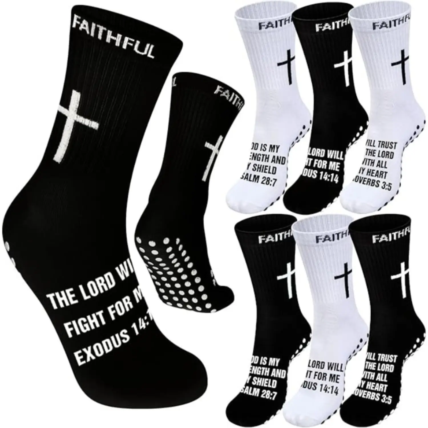 Women's & Youth Workout Socks, 4-Pair French Terry Low Cut Grip Socks with Cross Print & Bible Verses, Anti-Slip Dots for Football Fashion, Sports Socks