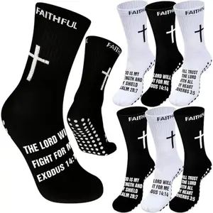Women's Male Anti-Slip Grip Socks - 2/4-Pair French Terry Fabric, Cross Print, Rubber Dot Design, Bible Verses, 1-Size Youth Fit, Football Drip