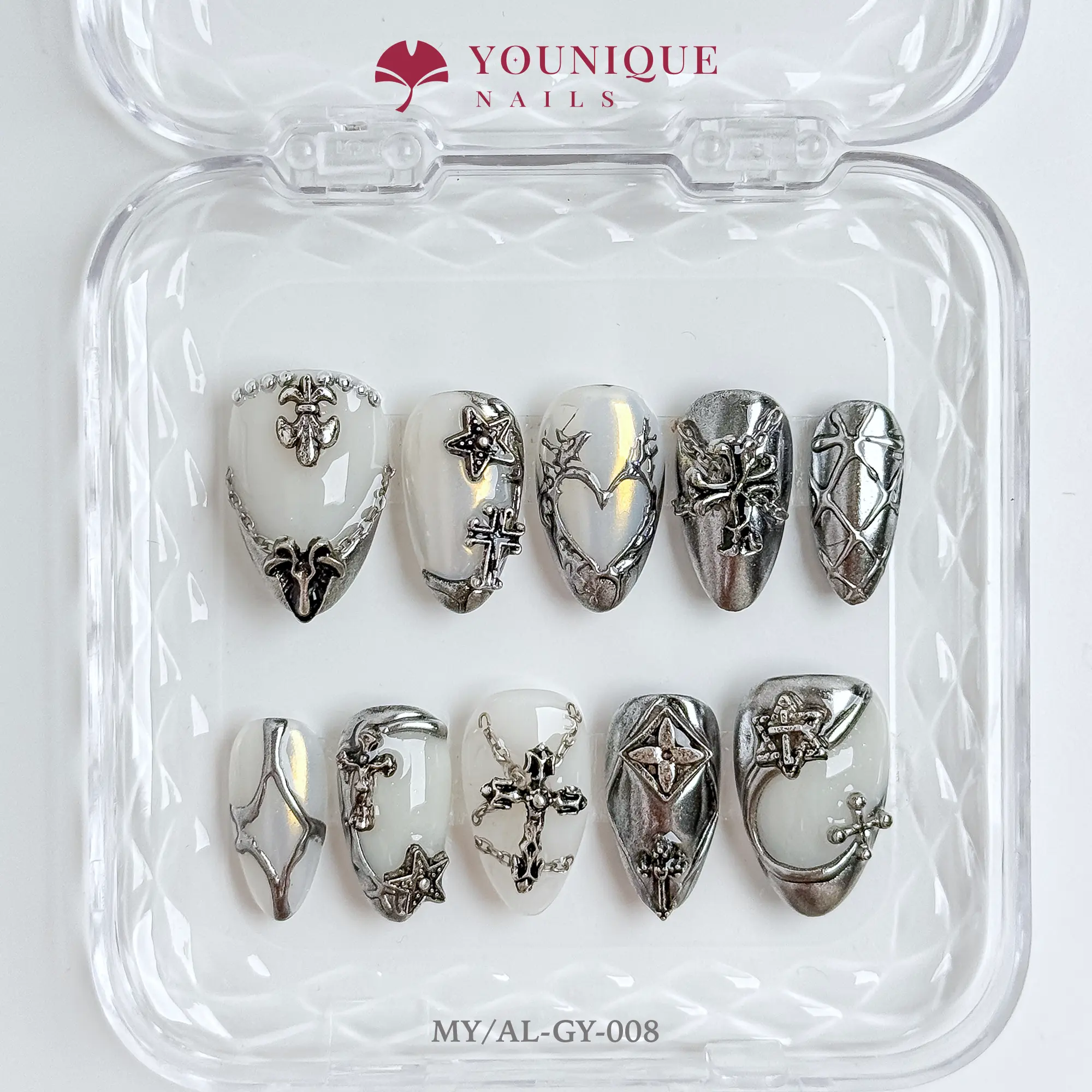 Younique Nails | MY Studio | Divine Steel | 10PCS 100% Handmade Press-On Nails |  Reusable Colorful Art Glossy Design Acrylic Luxury Long Lasting 3D Stylish Office Wear Floral Embellished Rhinestone