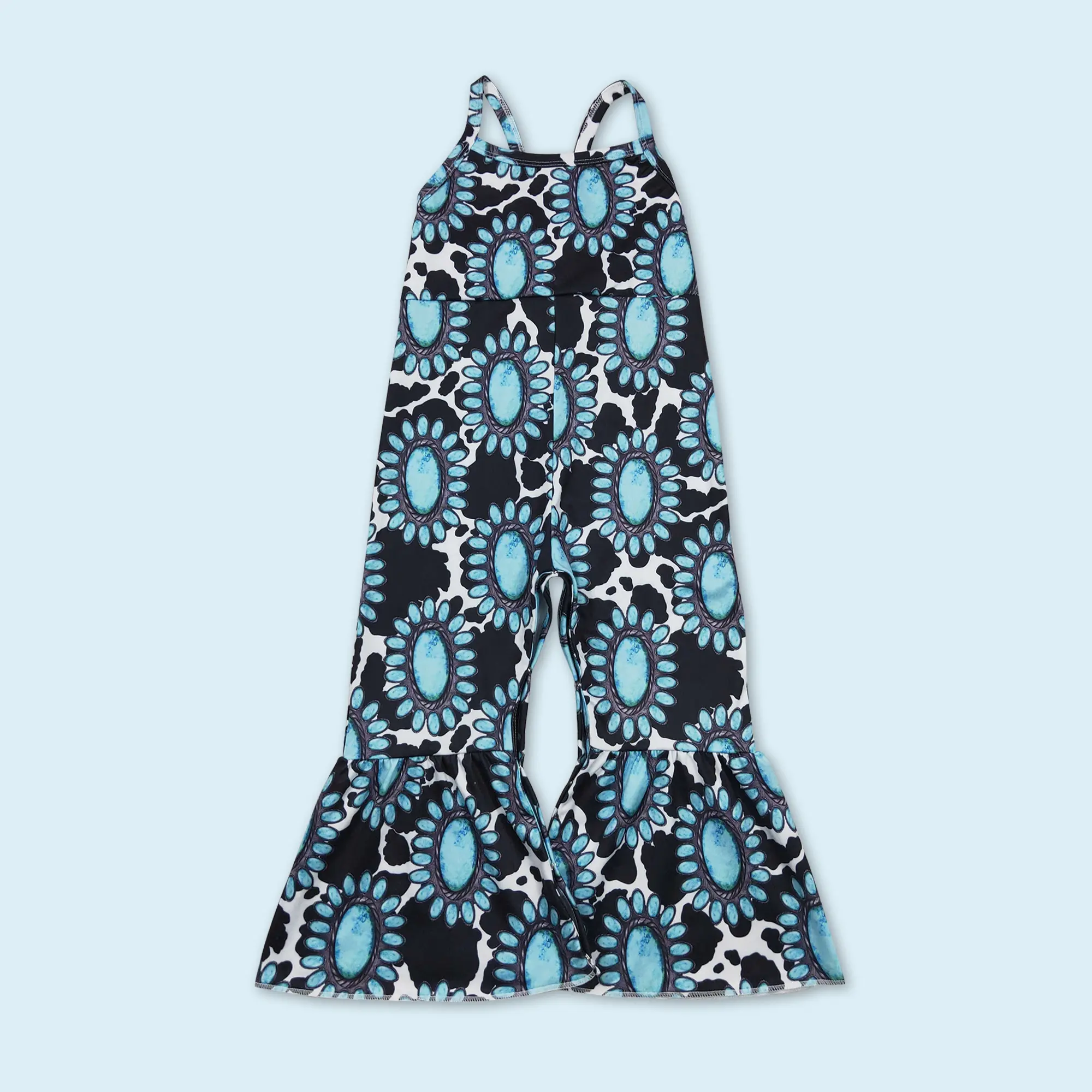 Turquoise cowhide girls Kids western jumpsuit