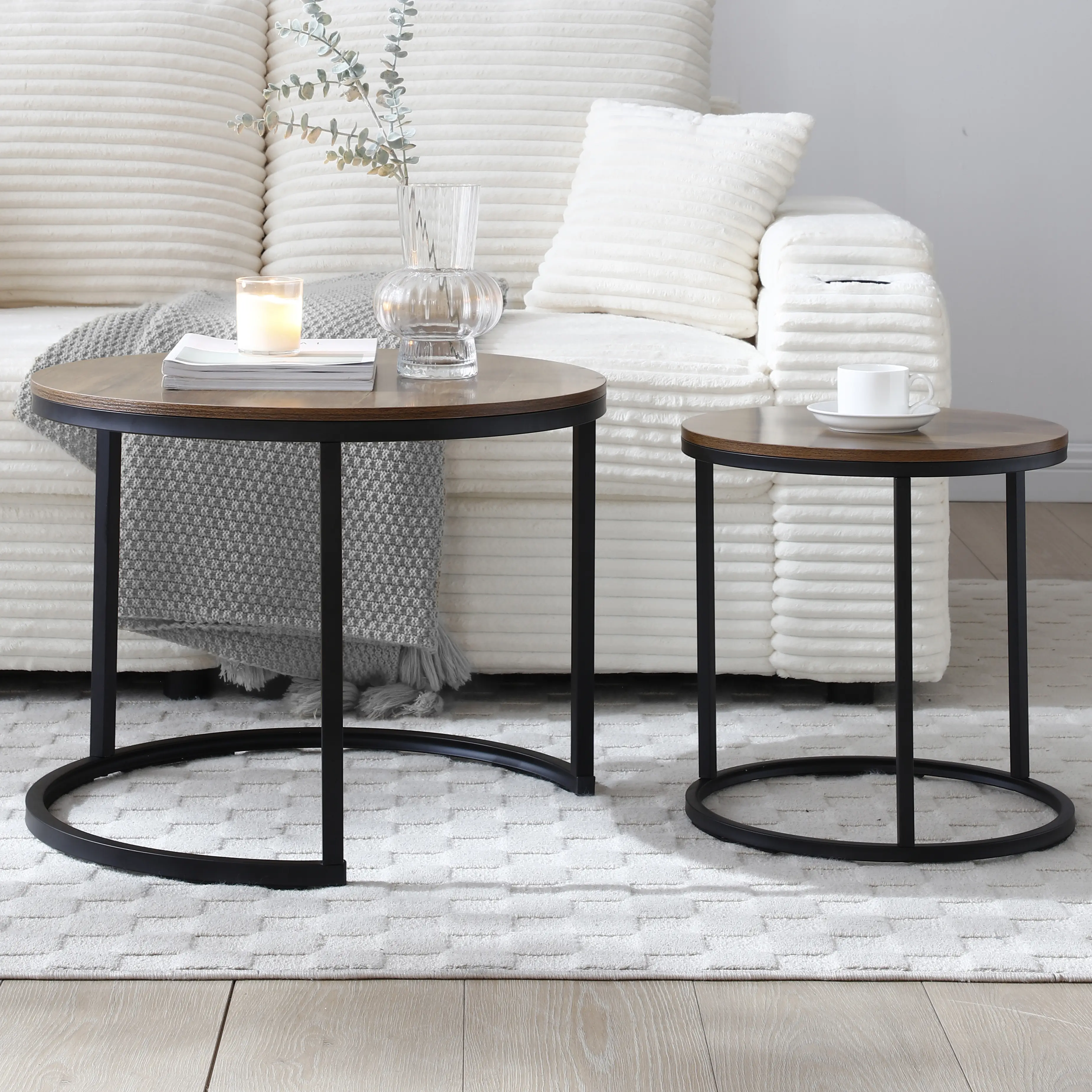 Set of 2 Modern Accent Tables - Sturdy Black Metal Frame, Wood Top, Compact, Easy Setup, Space-Saving Indoor Living Room Coffee Table Nightstands Set for Small Room Ideas