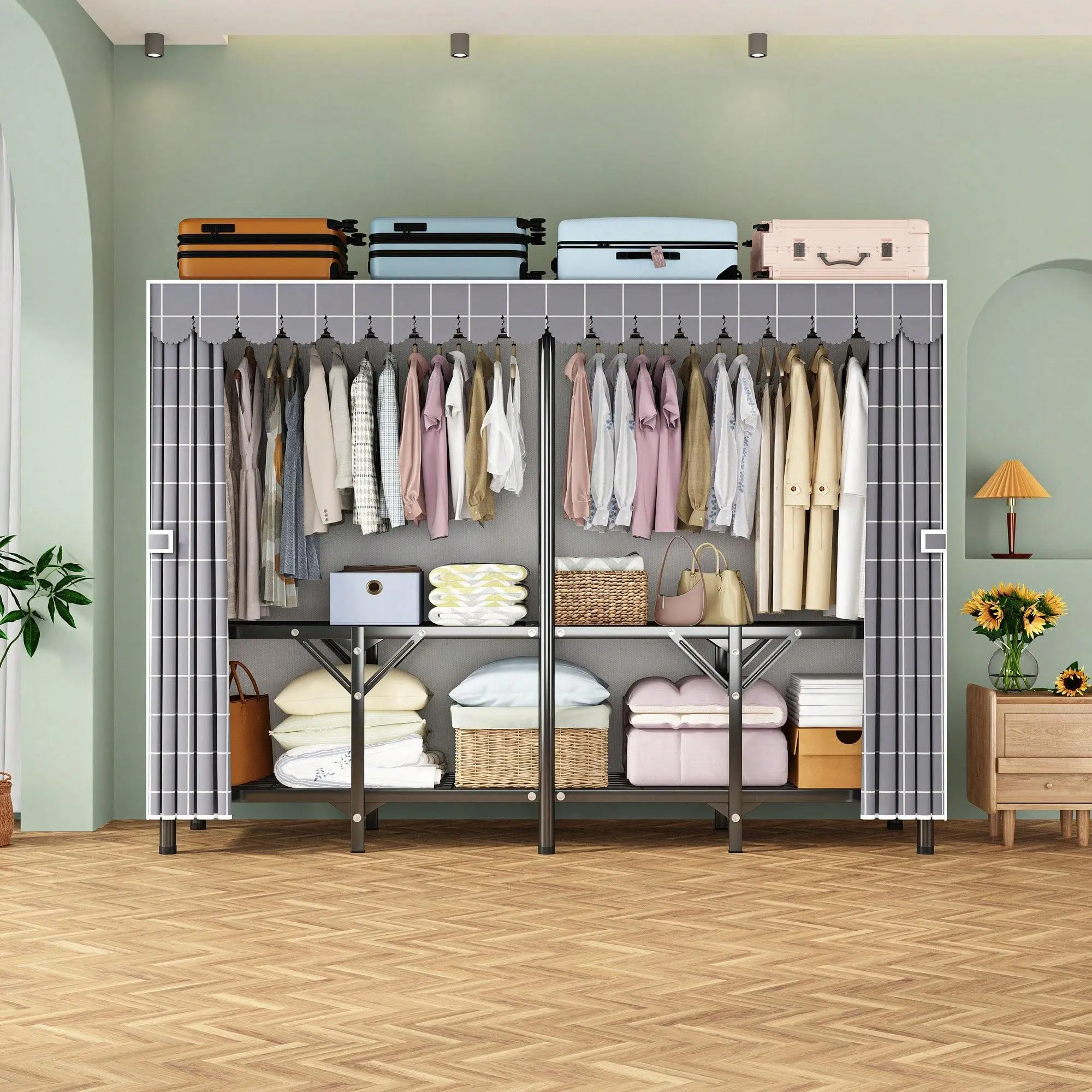 Large Foldable Portable Closet Wardrobe, Soft Microfiber Fabric Clothes Storage Organizer with 22mm Black Steel Pipe Frame, Sturdy Large Capacity Storage for Bedroom Dorm Apartment