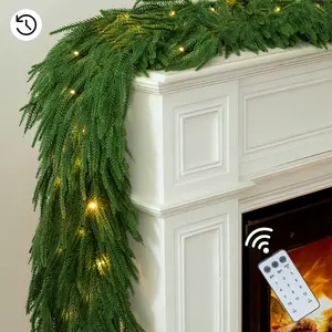 Christmas 6ft Garland with Lights for Decorations: Pre Lit Norfolk Pine Garland for Fireplace Stairs - Remote Timer 30 LEDs 12 Lighting Modes - Artificial Xmas Garlands Door Table Decor