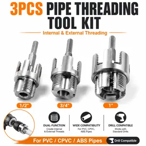 3Pcs Integrated Internal & External Pipe Threading Tool, Bestgle Dual-Function Pipe Thread Cutting Tool for 1/2" & 3/4"& 1" PVC/Plastic Pipes, Electric Drill Compatible Pipe Threader Kit