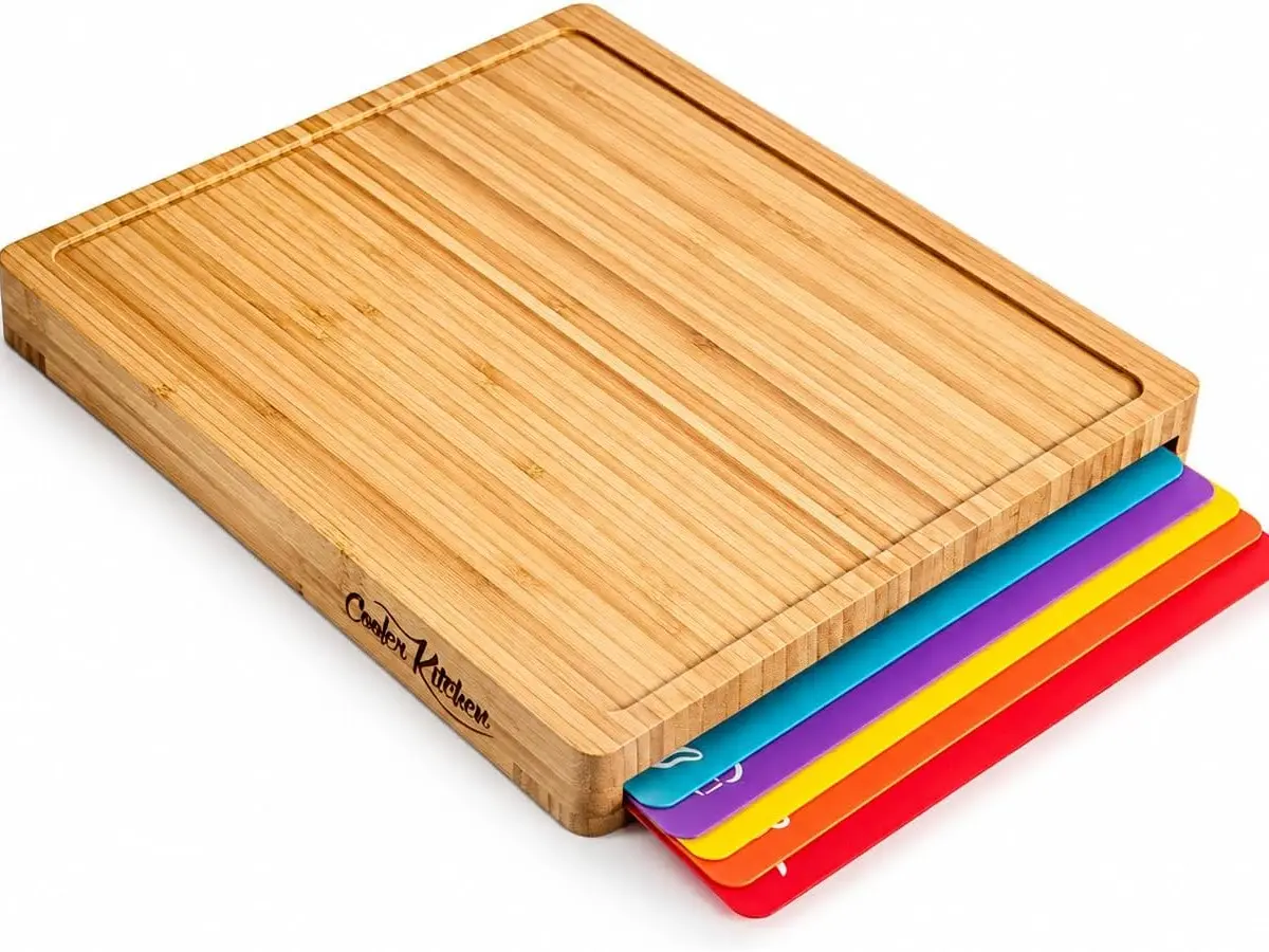 Bamboo Cutting Board Set with Storage Holder and 6 Color Coded Mats