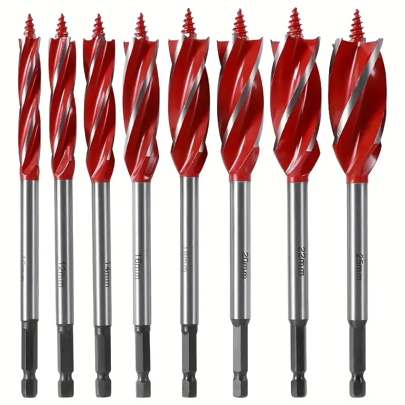 8-piece wooden spiral drill set, 10-25mm Heavy Duty Industrial 4-blade cutting drill bit, with quick replacement hexagonal shank high carbon steel, suitable for precision deep hole machining of hardwood and plastic, Drill Bits Kit