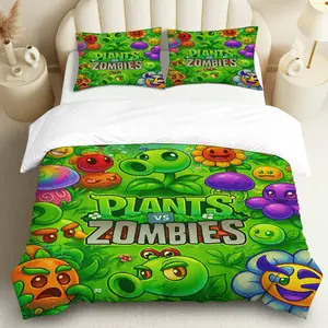 3PCS Duvet Cover Set, 1 Duvet+2 Pillowcases(Without filler), Plants Zombies  Game Adventure Fun theme, Halloween bedding set, Colorful Fantasy Comfortable Suitable for decoration Bedroom Dormitory Game Room Lounge.