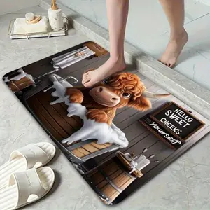 1pc Non-Slip Bathroom Mat with Cute Highland Cow in Bathtub Design - Ultra Absorbent Quick Dry Shower Mat, Soft Bath Mat, Anti-Slip Tub Mat, Door Mat, Bathroom Drying Doormat, Shower Room Bathing Accessories, Bathroom Deco