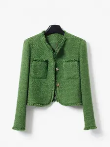 Elegant Round Neck Single-Breasted Fitted Jacket, Vintage Chunky Woven Tweed Short Coat for Stylish Women, Chic Outerwear for Spring Fashion, Womenswear