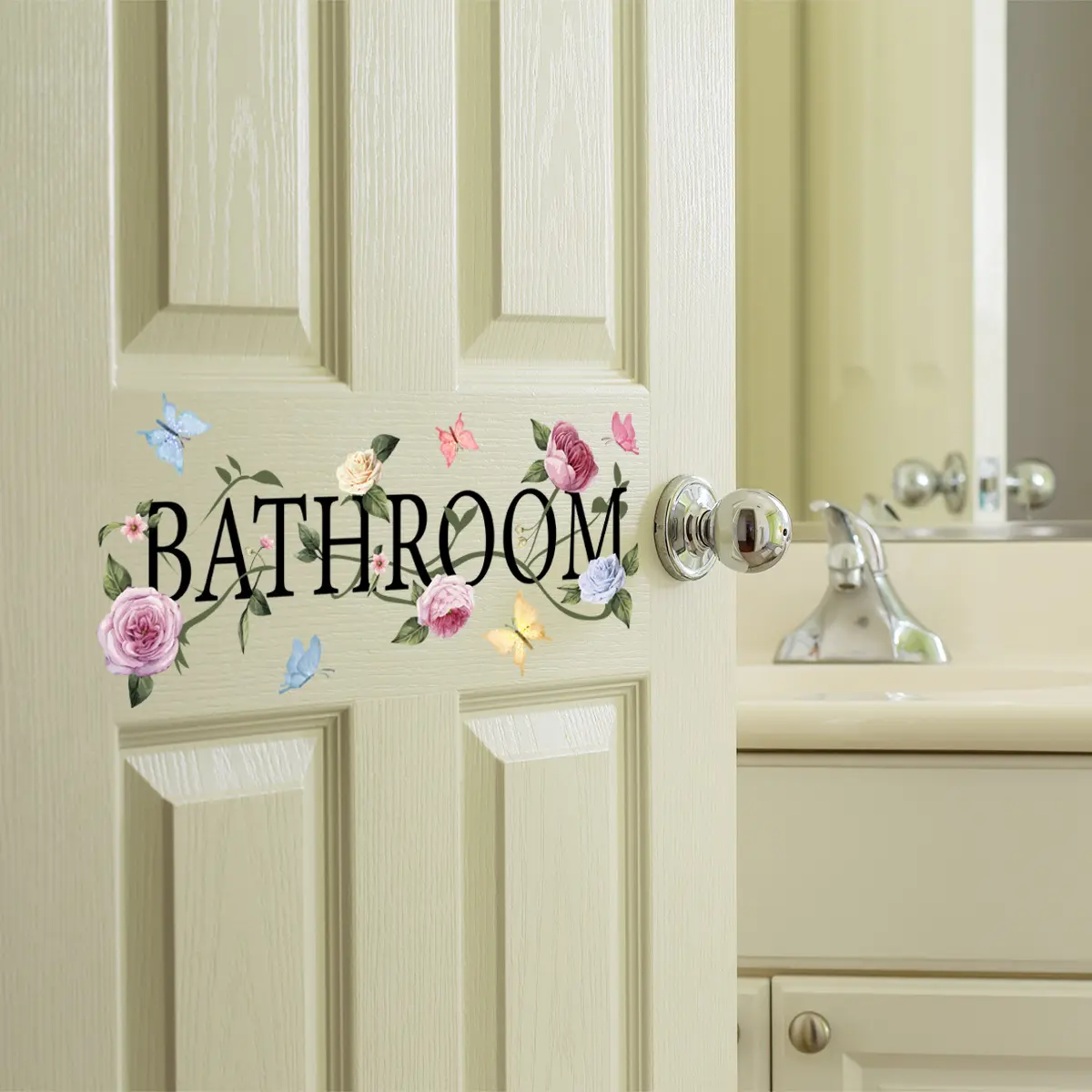 A (20*40cm) colorful floral and butterfly BATHROOM spring and summer bathroom flat wall sticker for home decoration and beautification, Decorative Sticker, Floral Pattern Sticker, MS2076