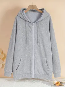Women's Winter Hooded Drawstring Zipper Jacket, Casual Plain Long Sleeve Oversized Sweatshirt, Thick Kint Fabric Knit, Fall & Winter Wear, Fitted