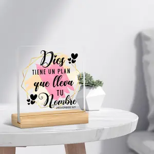 Letter Pattern Acrylic Plaque with Wooden Base, 1 Count Clear Desktop Ornament, Christian Gift, Home Decor for Living Room Bedroom Office, Signs, Acrylic Desktop Decoration
