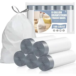 8 Gallon Drawstring Trash Bags, 100 Count Pre-Separated, Unscented White Garbage Bags for Medium Cans