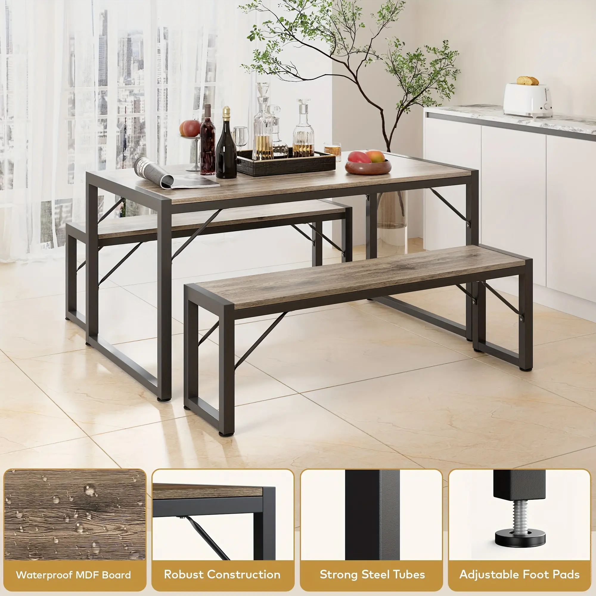 45-in Grey Wood 4-Seat Space-Saving Kitchen Dining Table Set with 2 Benches, Metal Framework, Ergonomic Design, Storage, Waterproof, Adjustable Windproof Structure, No Assembly Required, No Fire Safety Label for Small Indoor Spaces