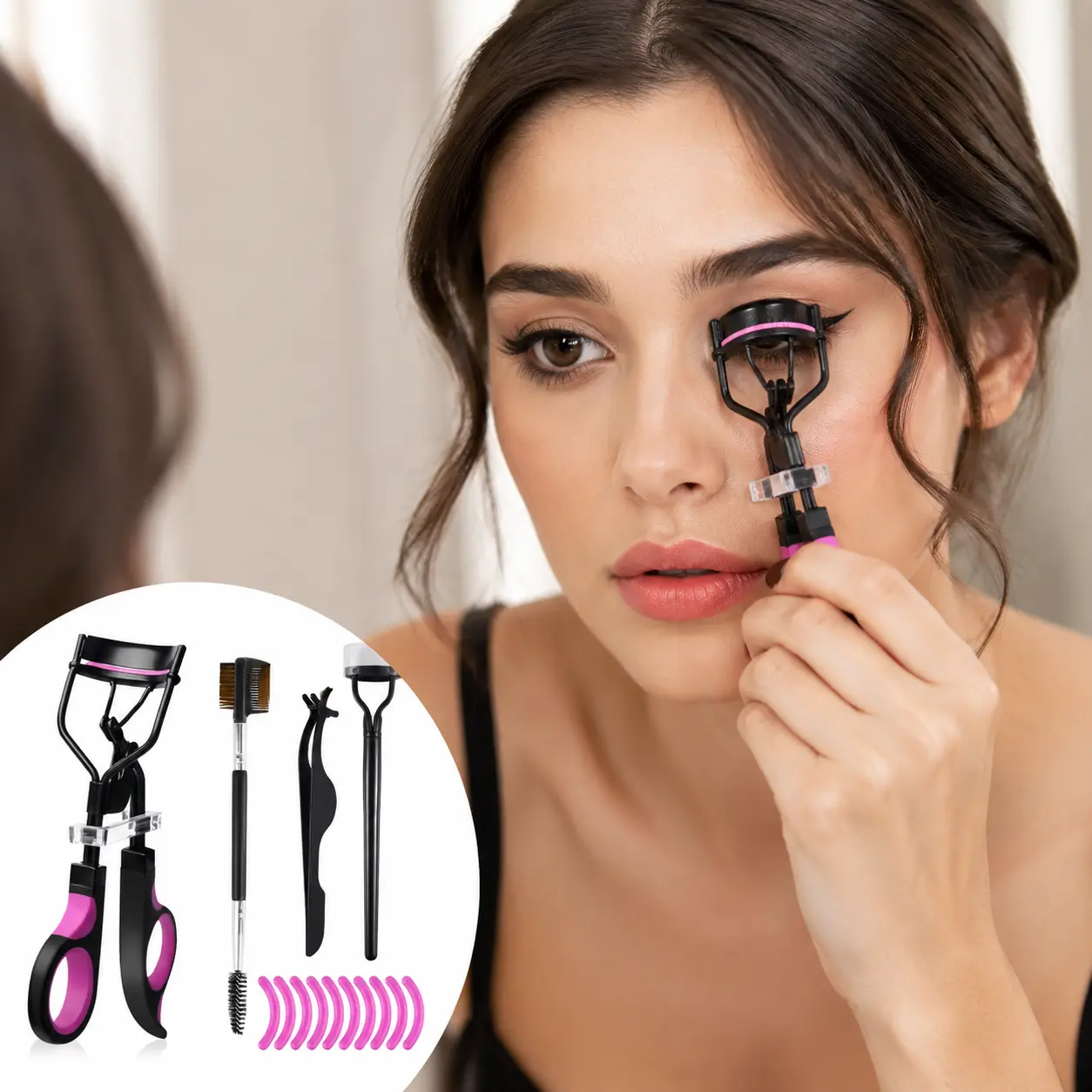 5 in 1 Eyelash Curler Kit for Women, Professional Lash Makeup Tool Set with Eyelash Comb, Mascara Brushes, Lash Tweezers, Eyebrow Brush & Comb, 10 Silicone Replacement Pads