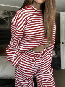 Women's Casual Everyday Fitted Striped Two-Piece Set, Round Neck Long Sleeve Top & High Waist Pants, Spring Fall Fashion Aesthetic, Womenswear