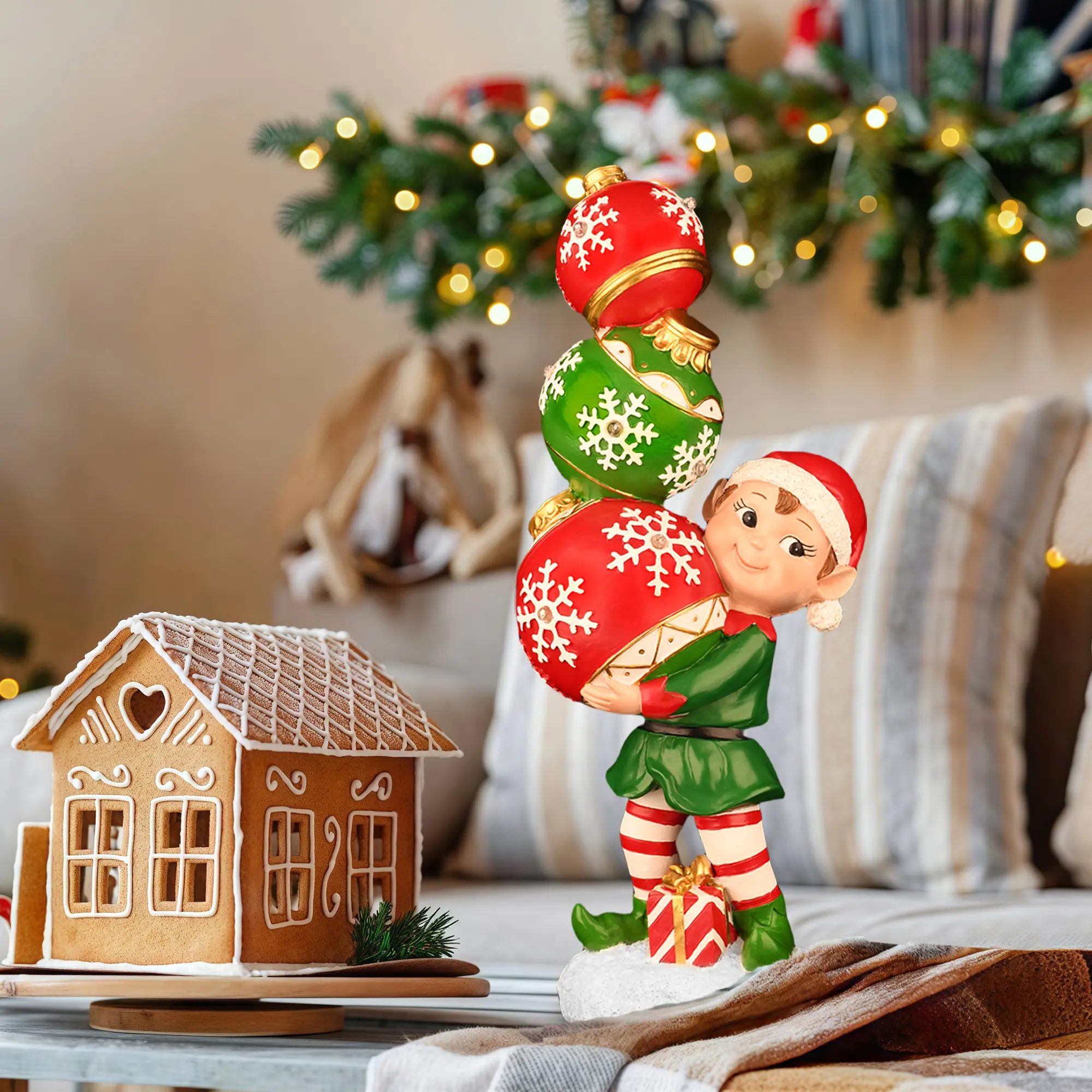 Cute Christmas Elf Resin Figurine Holding Three Balls, LED Color Changing Lights, Battery Powered Holiday Ornament, Perfect for Home Decor, Indoor Living Room, Bedroom, Kids' Room