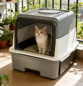 52x35x35cm Gray 3-Tone Fully Enclosed Cat Litter Box with Drawer Tray Extra Large Odor-Control for Big Cats & Multi-Cat Families Anti-Splashing Easy Clean Design Ideal for Home Living Rooms & Pet Corners