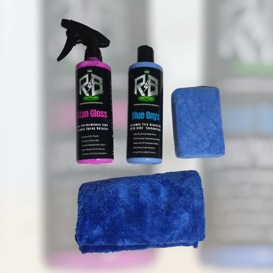 R&B Ceramic Spray Detailer Titan Gloss 16oz SiO2 Shield + Ceramic Tire Dressing Blue Onyx 16oz Water Based | Hyper Gloss & Hydrophobic Tire Shine Kit for Car Detailing Protection Includes Premium 16x16 Microfiber Towel & Applicador