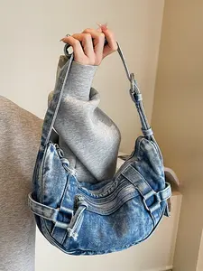 Retro denim crescent bag, fashionable and versatile one-shoulder underarm bag, Denim Shoulder Purse, casual textured one-shoulder crossbody bag, personalized and trendy one-shoulder commuter bag, suitable for daily matching, commuting and other scenarios.