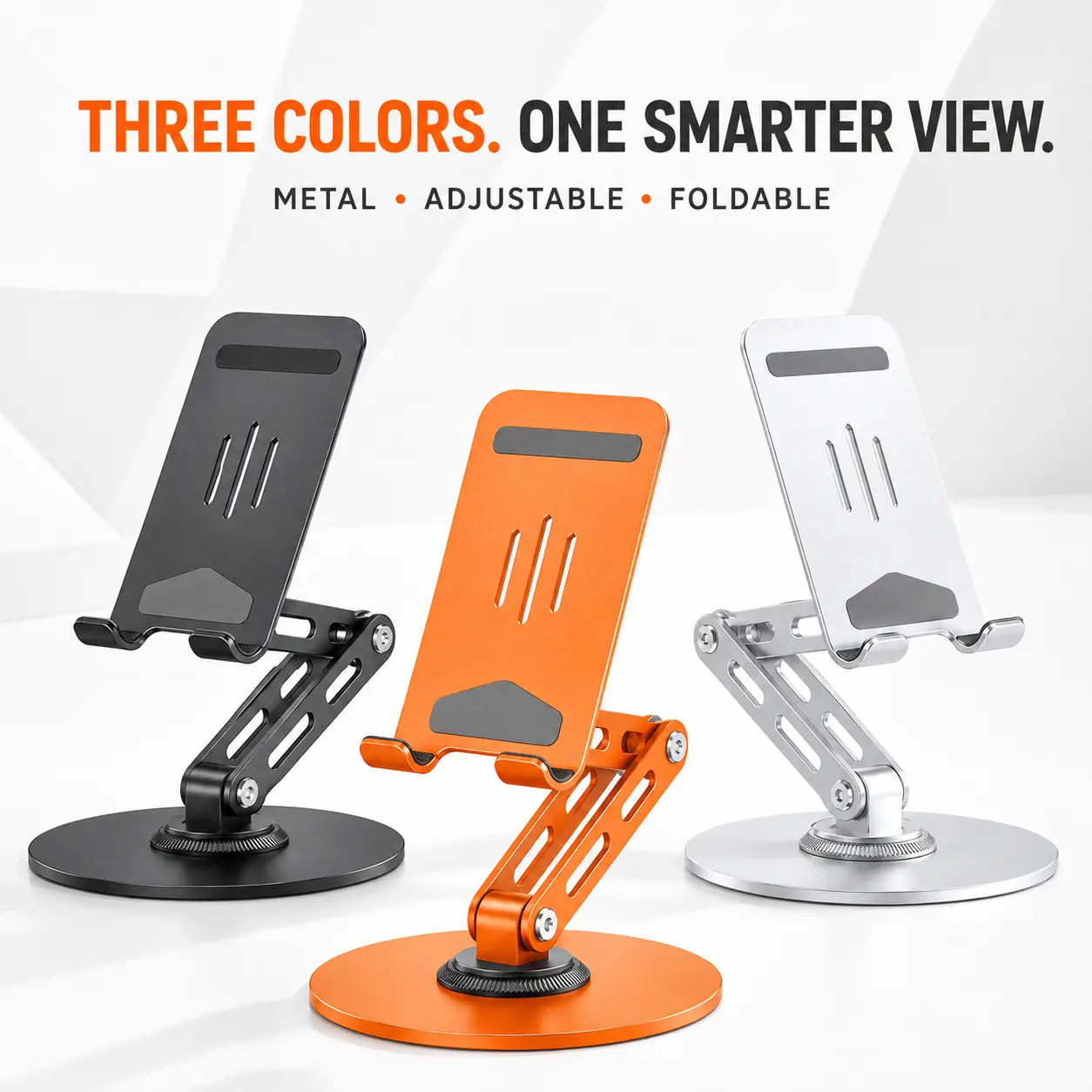 Adjustable Arm Metal Mobile Phone Stand with Compact Fold, Rotating Base, Protective Pads & Multi-Angle Viewing - Desk Mount Phone Accessories for Home, Office