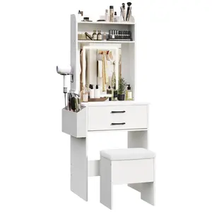 MAHANCRIS Vanity Desk Set with Adjustable Lighted Mirror, Storage Stool, Drawers, and Storage Side Bag, for Bedroom, Small Space, White