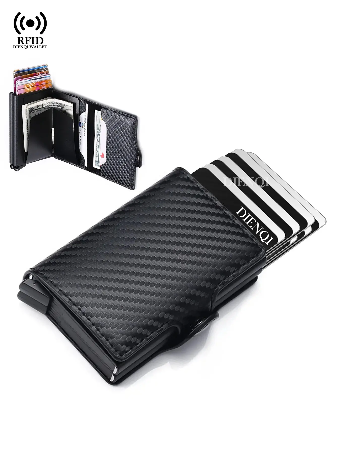 Rfid Men Credit Card Holder Wallets Luxury Carbon Fiber Slim Mini Wallet, 14 Card Slots,  Double Metal Card Case, Bank Cardholder Money Bag Male Purses, Rfid Blocking Wallets