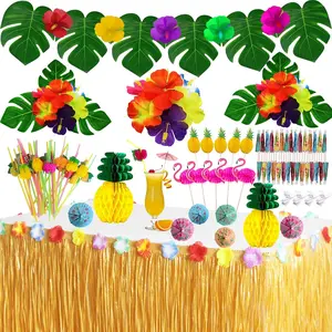 Tropical Luau Party Decorations Set, Hawaiian Beach Theme Party Favors & Supplies with 9ft Grass Table Skirt, Palm Leaves, Hibiscus Flowers, 3D Fruit Straws, Flamingo and Pineapple Décors