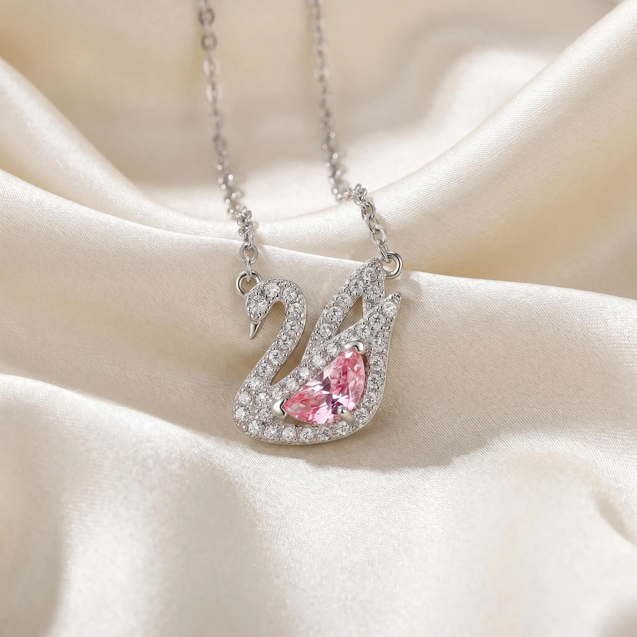 SANEFI Sparkling Swan Necklace & Bracelet Set for Women – Pink Crystal Jewelry