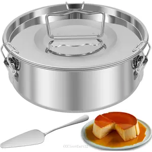 Stainless Steel Flan Pan 1.5QT Capacity Flan Mold with Lid and Spatula, Round Flan Containers for 6-8QT, Flan Cake Baking Pans, Molde Para FlanCCCloutCart22