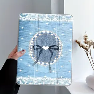 Sweet Y2K Blue Bow Pattern iPad Case Transparent Acrylic Hard Back Panel With Pencil Slot,Suitable for Ipad mini pro air.Scratch-resistant Ultra-thin Protective Case, Shock-resistant Full Cover Protective Case Suitable for Offices Schools and Homes