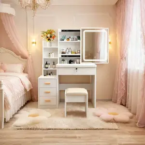 Lighted Mirror Makeup Vanity Desk, White Dressing Table with Drawers, 3 Shelves and Chair, Large Capacity Storage Organizer for Bedroom light