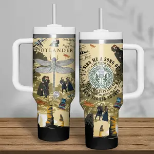 Outlander 40oz Tumbler with Handle | Sing Me a Song Sassenach Travel Mug with Straw | Jamie & Claire Dragonfly Insulated Fan Merch Gift Idea