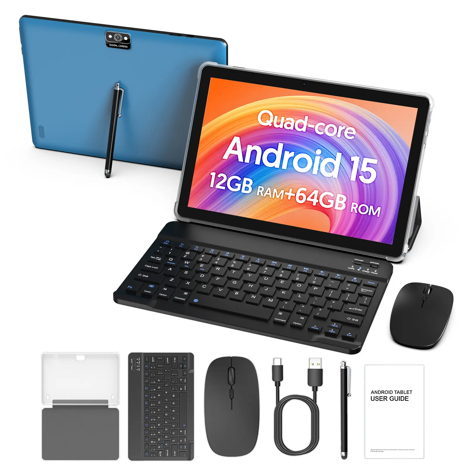 10-inch Android 15 touchscreen tablet, Android Tablet Computer, Tablets with Keyboard, equipped with quad-core CPU, 12GB (3g+9g) RAM+64GB ROM storage. Dual cameras, equipped with keyboard and protective case, stylus