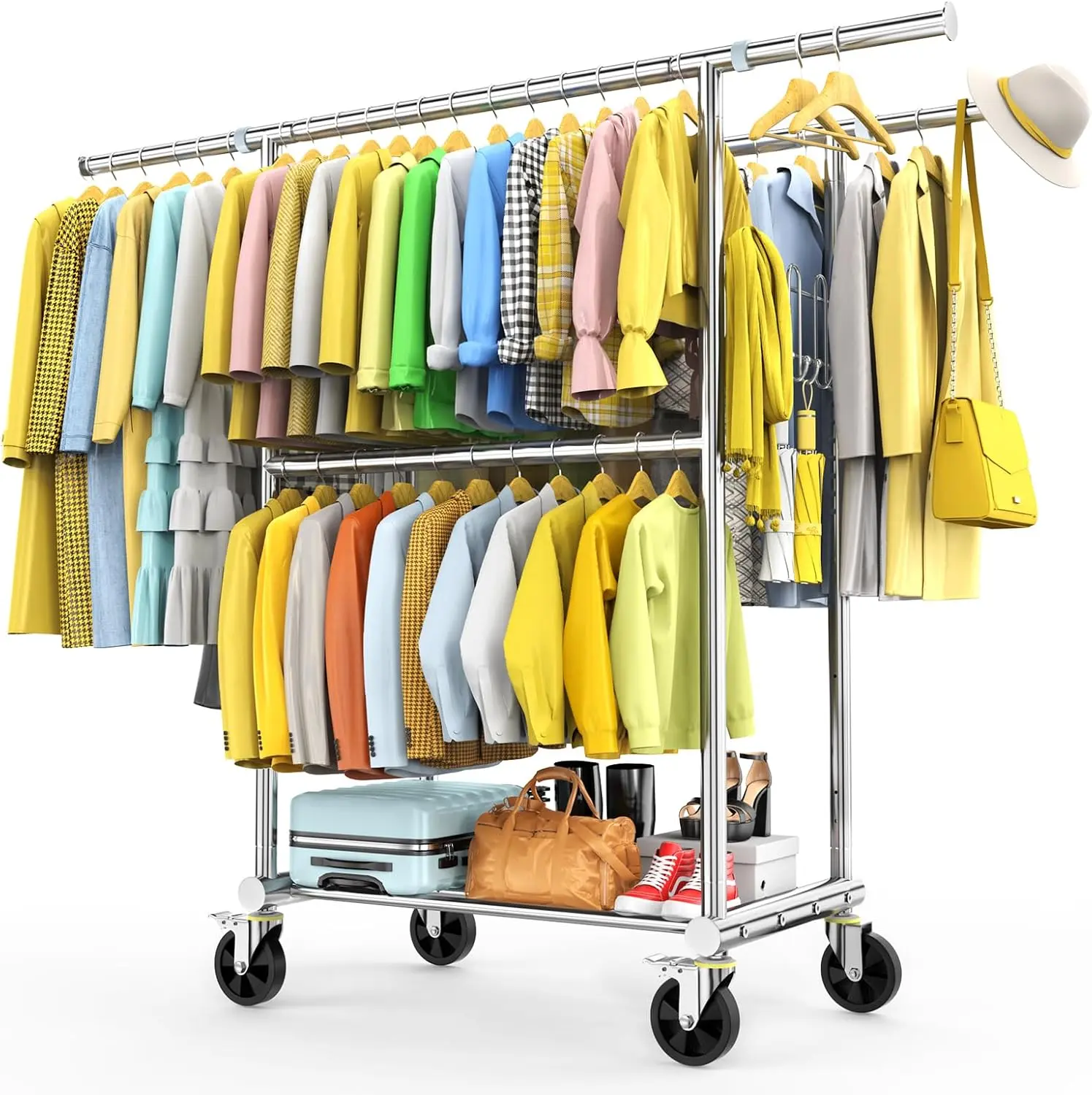 100% Stainless Steel Heavy Duty Clothes Rack Load 960LBS Three Rods Extendable Rolling Garment Rack with Sturdy Wheels Shelves Hooks Portable Closet Wardrobe Rack