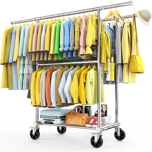 100% Stainless Steel Heavy Duty Clothes Rack Load 960LBS Three Rods Extendable Rolling Garment Rack with Sturdy Wheels Shelves Hooks Portable Closet Wardrobe Rack