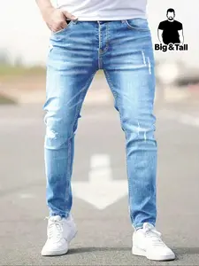 Big & Tall Men's Street-Style Light Blue Ripped Distressed Natural Slim-Fit Denim Jeans with Pockets. Classic fit combined with simple street-style rips, offering casual yet fashionable streetwear vibes, perfect for men's daily wear and casual outings.