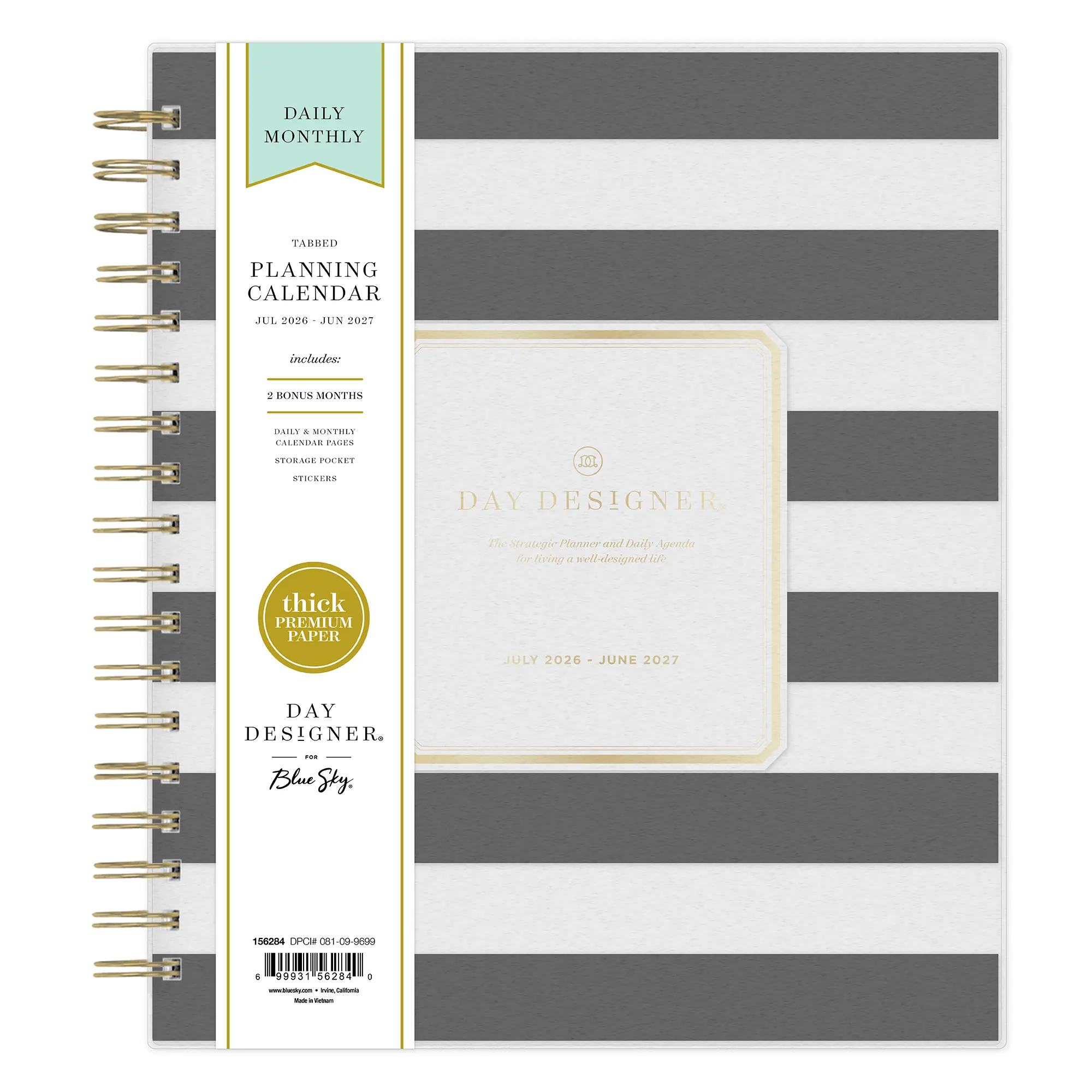Planning Calendar Day Desginer Rugby Stripe Black Frosted Flexible Plastic 8x10 AY26-27 Daily/Mthly Safety Wirebound -