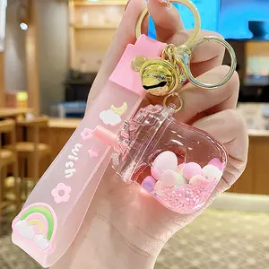 Liquid Floating Animal Keychain, Kawaii Milk Tea Cup Acrylic Pendant Charm with Wristlet, Bag Accessory for Girls Women