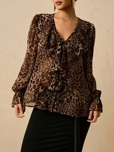 Women's Plus Size Fashion Chic Spring Summer New Loose Fit Leopard Print V-Neck French Blouse, Elegant Long Sleeve Shirt, Top, Womenswear