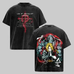 Edward & Alphonse Fullmetal Alchemist Vintage Washed Oversized T-Shirt, Double Printed Heavy Cotton Anime Tee, Manga Streetwear Graphic Top for Otaku Fans 90s Oversized Vintage Anime T-Shirt - Soft Washed Harajuku Casual Graphic Tee for Men Wome