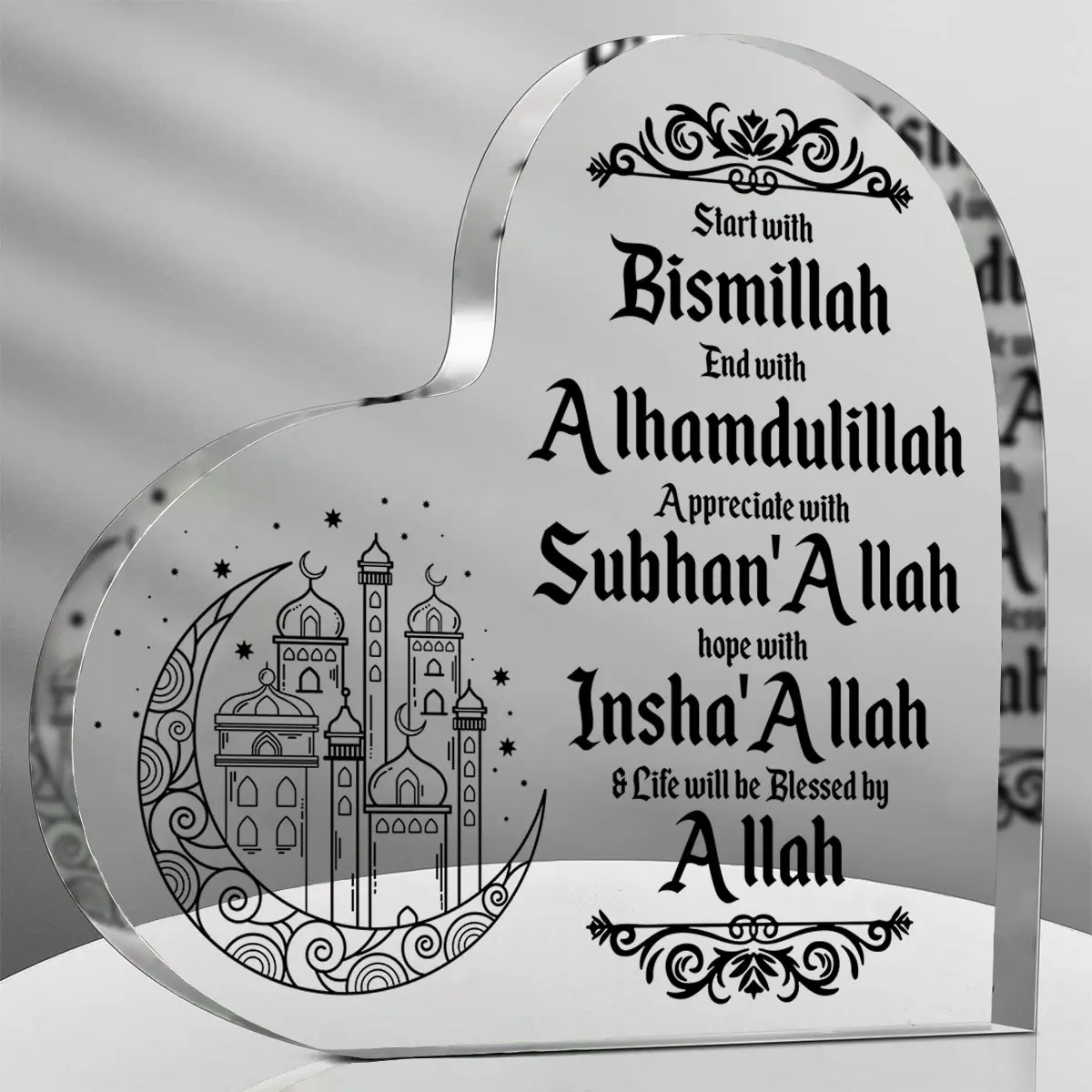 1pc Islamic Acrylic Tabletop Decor Plaque - Heart-Shaped Elegant Eid Mubarak Logo, Arabic Ramadan Theme, Life Blessed by Allah Positive Message, Perfect Gift for Eid Mubarak