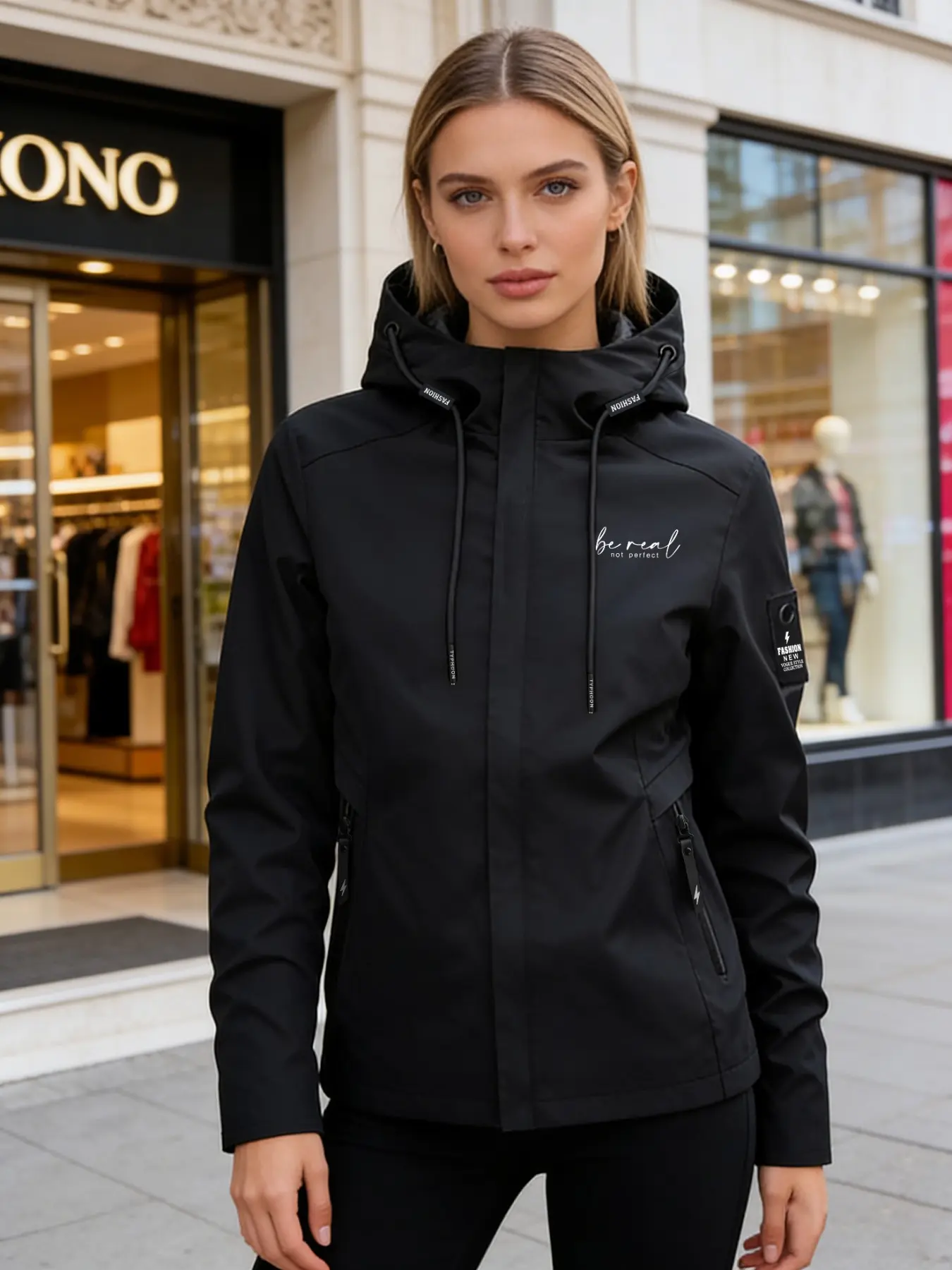 Women's Hooded Zippered Jacket Coat, Athletic Jackets, Letter Print, Casual Outdoor Sports Windbreaker, Fitted Design, Fall & Winter Commuter Wear, Sport Outdoor Clothing