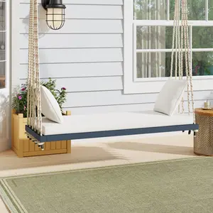 TOPMAX Patio Wooden Swing Chair, Hanging Porch Swing Bench with Cushion&Pillows, 10.8Ft Hemp Ropes for Garden, Backyard, Lawn, Gray