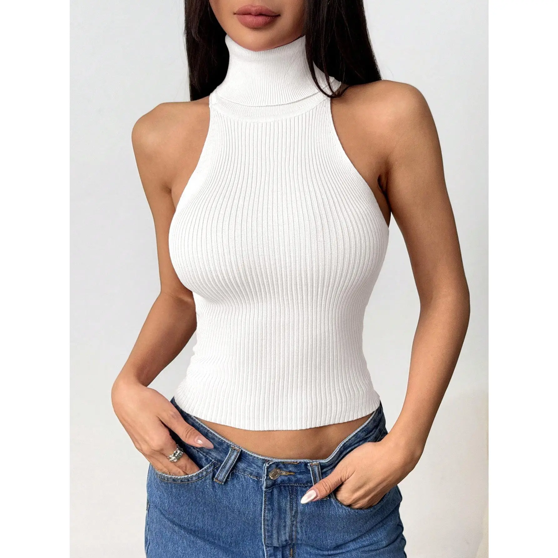 Women's Halter Neck Tops, Ribbed Knit Sleeveless Turtleneck, Sculpted Slim Fit for All-Season Layering, High Neck, Essential, Lady, Piece, Minimalist, Casual, Classy Tops, Open Shoulders, Basic, Tank Top