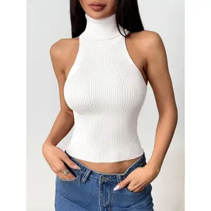 Lady's Sleeveless Ribbed Knit Turtleneck Tank Top - Slim Fit High Neck Halter Style, Stretch Fabric, Minimalist Casual Short Basic Essential Piece for Layering or Standalone Chic, Denim-Coordinate Friendly