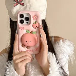 Cute Peach Pattern Phone Case with Holder, Cute Phone Protective Cover, Phone Accessory Compatible with iPhone, Casing