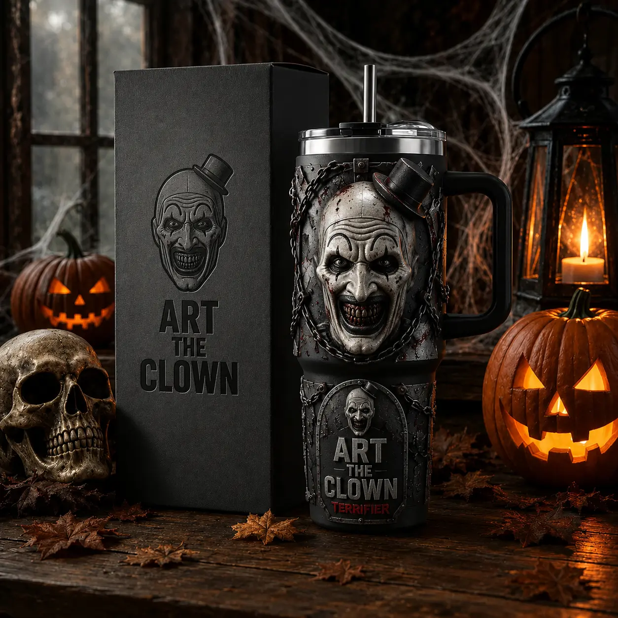OceanSip4U Art the Clown Terrifier 40oz Stainless Steel Tumbler with Handle, Vacuum Insulated Travel Mug, Horror Movie Clown Cup, Halloween Tumbler, Gift for Horror Fans