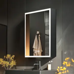 Aluminum Bathroom Medicine Cabinet with LED Lights, 50x70x13cm Anti-Fog Illuminated Mirror Cabinet with Adjustable Shelves, Soft Close Hinges, Touch Switch, IP44 Waterproof Dustproof, Sandblasted Black glass frosted