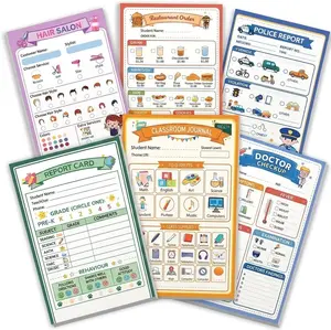 Kids Pretend Play Notepads - 6 Pack Kids Play Pads - 40 Pages Each of Restaurant, Doctor, Boarding Pass, Report Card, Classroom and Police Pad for Imaginative Role Play playtime note  pads